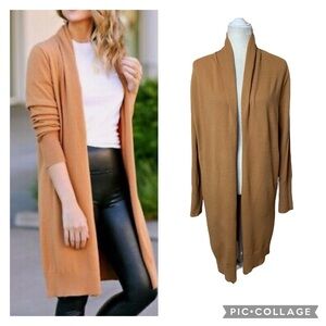 Leith Camel Caramel Tan Open Front Long Classic Sweater Cardigan Size Medium
